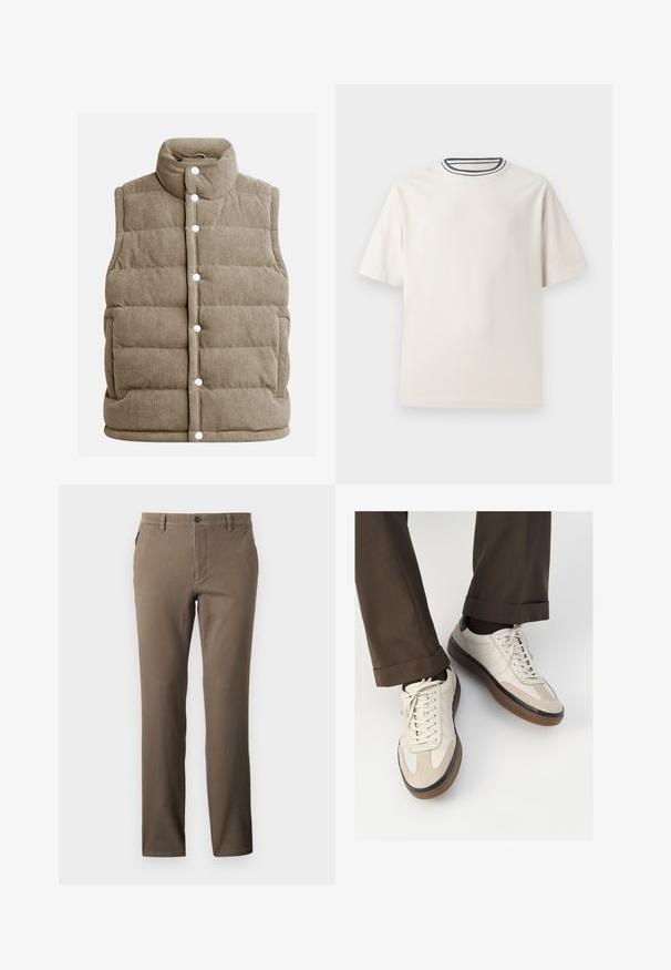 Chaleco de pana beige, diseño acolchado, cuello alto, botones a presión, con bolsillos laterales y textura acanalada vertical.; Camiseta de algodón color crema con mangas cortas, que presenta un escote redondo acentuado por franjas en navy y blanco. Textura suave, corte relajado.; Pantalones marrones de pierna recta, hechos de algodón con una textura suave, que presentan bolsillos frontales y un cierre de botón único en la cintura.; Zapatillas beige con un frente de ante texturizado, lados de cuero liso y suela de goma marrón. Incluyen cordones y un detalle de costura ligera.