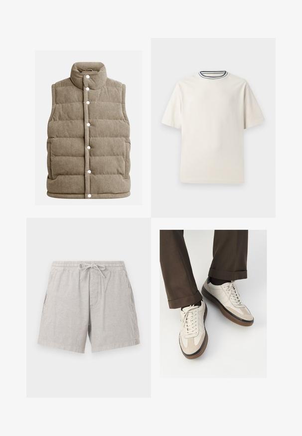 Beige corduroy vest med quiltet design, høj krave, trykknapper, sidelommer og lodret ribbet tekstur.; Cremefarvet bomulds t-shirt med korte ærmer, der har en rund halsåbning accentueret med marineblå og hvide striber. Glat tekstur, afslappet pasform.; Grå linned-shorts med elastisk talje og snor. Har sidelommer og en afslappet pasform, med en subtil tekstur.; Beige sneakers med en struktureret ruskind front, glatte lædersider og en brun gummisål. Snørebånd og let stikning er inkluderet.