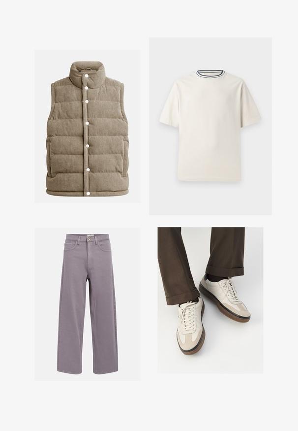 Beidzjā corduroy veste, ar quiltotu dizainu, augstu apkakli, ar spailēm, ar sānu kabatām un vertikālu ribotu tekstūru.; Krēmlādas kokvilnas T-krekls ar īsām piedurknēm, ar kārtīgu apkakli, ko akcentē tumši zila un balta svītra. Gluda tekstūra, brīva piegriezuma.; Taisni kāju lavandas pelēki džinsi ar priekšējiem un aizmugures kabatām, jostu cilpām un pogu aizdari jostas vietā.; Beidzī lasi ar strukturētu zamšādu priekšpusi, gludiem ādas sāniem un brūnu gumijas zoli. Iekļauti auklas un viegla šuvuma detaļas.