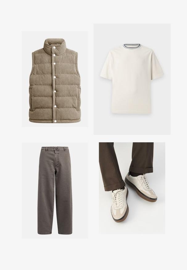 Gilet in corduroy beige, design trapuntato, collo alto, bottoni a pressione, con tasche laterali e texture a coste verticali.; T-shirt in cotone color crema con maniche corte, caratterizzato da un collo rotondo decorato da righe blu navy e bianche. Tessuto liscio, vestibilità comoda.; Pantaloni larghi grigi in misto cotone; dotati di chiusura con bottone, passanti per cintura e tasche frontali; texture liscia e resistente.; Sneakers beige con una parte anteriore in suede testurizzato, lati in pelle liscia e una suola in gomma marrone. Inclusi lacci e dettagli di cucitura leggera.