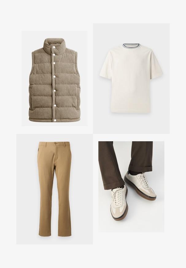 Beige corduroy vest, quilted design, high collar, snap buttons, with side pockets and vertical ribbed texture.; Cream-colored cotton t-shirt with short sleeves, featuring a round neckline accented by navy and white stripes. Smooth texture, relaxed fit.; Beige chinos with a straight-leg design, made from cotton, featuring a single front button closure and side pockets. Smooth texture.; Beige sneakers with a textured suede front, smooth leather sides, and a brown rubber sole. Laces and light stitching detail included.