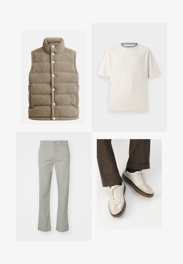 Beige corduroy-viitta, tikattu muotoilu, korkea kaulus, nappisuljenta, sivutaskut ja pystyribaattekstuuri.; Kermanvärinen puuvillapaita lyhyillä hihoilla, jossa on pyöreä pääntie, jota korostavat laivastonsininen ja valkoinen raita. Sileä rakenne, rento istuvuus.; Vaaleanharmaat puuvillachinohousut, joissa on suora lahje, vetoketju- ja nappisuljenta sekä etutaskut. Tasainen tekstuuri ja reunat on käännetty.; Beige tennarit, joissa on teksturoidut mokkasiinimaiset etuosat, sileät nahkasaumat ja ruskea kumipohja. Narut ja vaaleat ompelutiedot mukana.