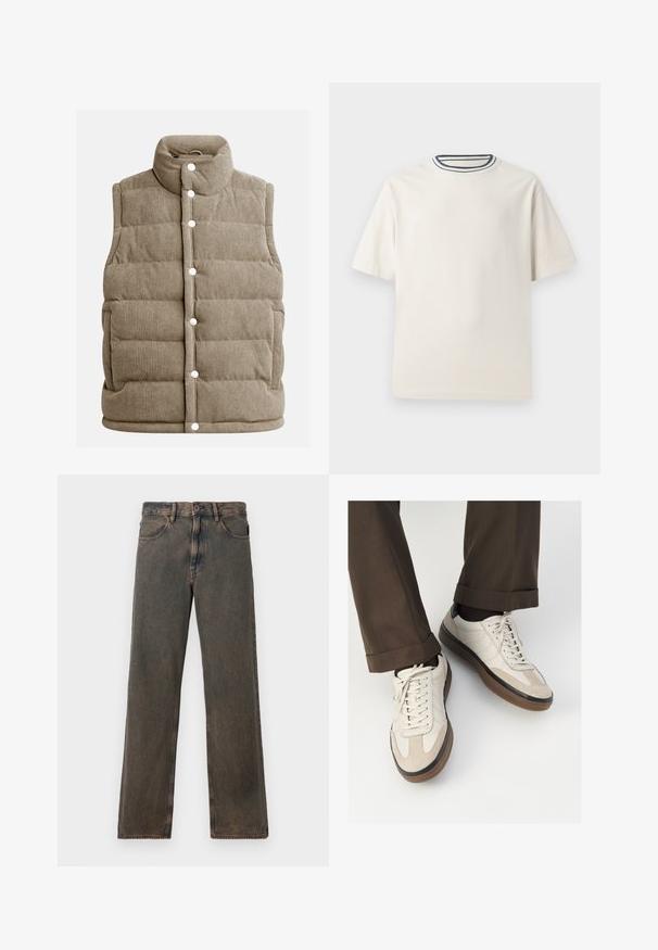 Beige corduroy-viitta, tikattu muotoilu, korkea kaulus, nappisuljenta, sivutaskut ja pystyribaattekstuuri.; Kermanvärinen puuvillapaita lyhyillä hihoilla, jossa on pyöreä pääntie, jota korostavat laivastonsininen ja valkoinen raita. Sileä rakenne, rento istuvuus.; Ruskeat suorat farkut, joissa on etutaskut, napin suljenta ja vyölenkit, esillä valkoista taustaa vasten.; Beige tennarit, joissa on teksturoidut mokkasiinimaiset etuosat, sileät nahkasaumat ja ruskea kumipohja. Narut ja vaaleat ompelutiedot mukana.