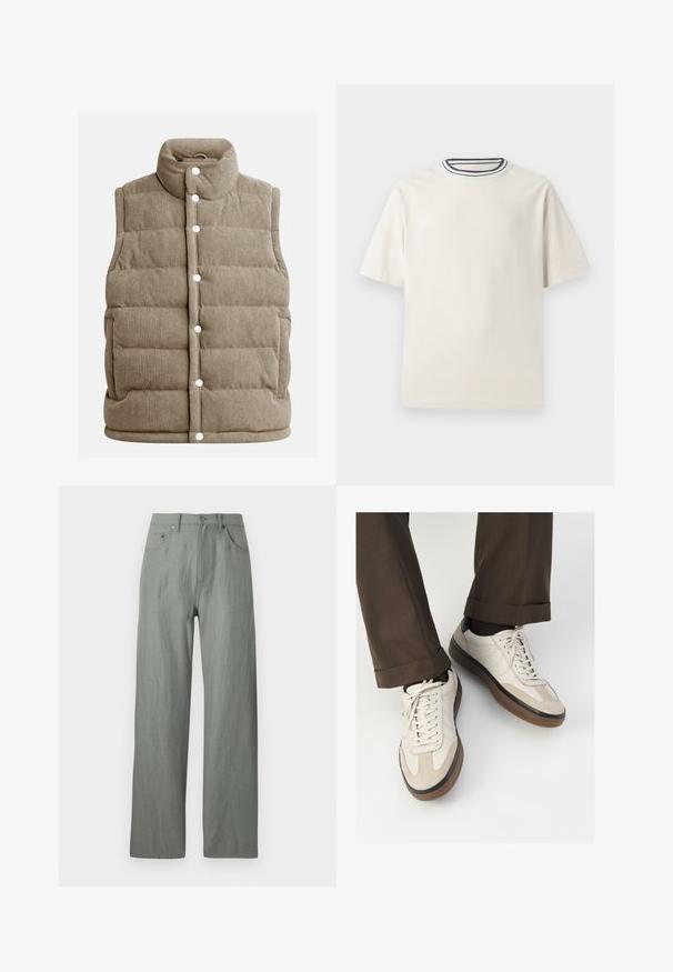 Beżowa kamizelka z korduroyu, pikowana, z wysokim kołnierzem, na zatrzaski, z bocznymi kieszeniami i pionowym prążkowanym wzorem.; Kremowa bawełniana koszulka z krótkim rękawem, z okrągłym dekoltem ozdobionym granatowymi i białymi paskami. Gładka tekstura, luźny krój.; Jasnozielone, szerokie spodnie wykonane z miękkiego, teksturowanego materiału. Zawierają zapięcie na guzik z przodu i pięć kieszeni.; Beżowe sneakersy z teksturowanym zamszowym przodem, gładkimi skórzanymi bokami i brązową gumową podeszwą. Zawierają sznurówki oraz subtelne detale w dwóch kolorach.