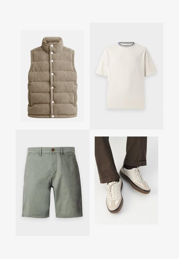 Gilet in corduroy beige, design trapuntato, collo alto, bottoni a pressione, con tasche laterali e texture a coste verticali.; T-shirt in cotone color crema con maniche corte, caratterizzato da un collo rotondo decorato da righe blu navy e bianche. Tessuto liscio, vestibilità comoda.; Pantaloni corti verde chiaro realizzati in misto cotone, con chiusura a bottone frontale, passanti per cintura e design frontale piatto. Tessuto liscio, altezza fino al ginocchio.; Sneakers beige con una parte anteriore in suede testurizzato, lati in pelle liscia e una suola in gomma marrone. Inclusi lacci e dettagli di cucitura leggera.