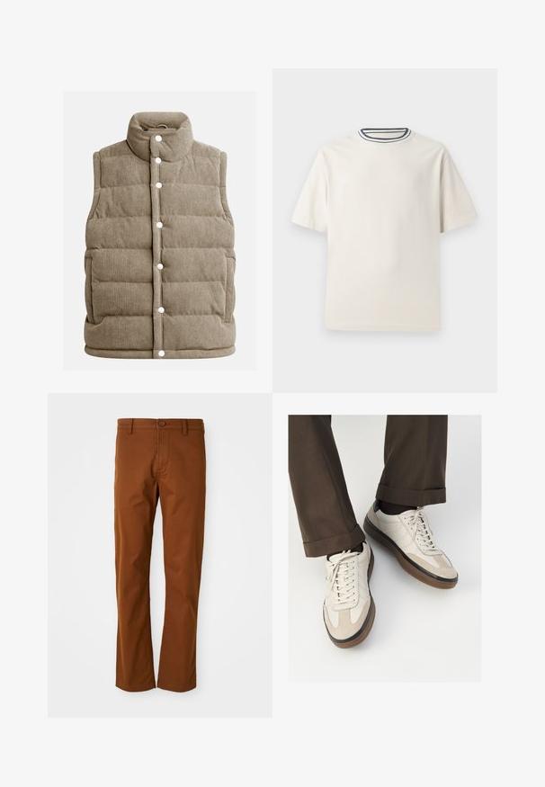 Beige corduroy vest med quiltet design, høj krave, trykknapper, sidelommer og lodret ribbet tekstur.; Cremefarvet bomulds t-shirt med korte ærmer, der har en rund halsåbning accentueret med marineblå og hvide striber. Glat tekstur, afslappet pasform.; Brune bomuldsbukser med regular fit, der har knaplukning, bæltestropper og lige ben-design. Glat tekstur uden mønstre.; Beige sneakers med en struktureret ruskind front, glatte lædersider og en brun gummisål. Snørebånd og let stikning er inkluderet.