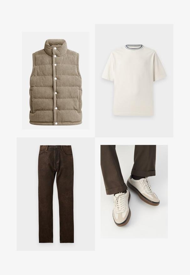 Gilet in corduroy beige, design trapuntato, collo alto, bottoni a pressione, con tasche laterali e texture a coste verticali.; T-shirt in cotone color crema con maniche corte, caratterizzato da un collo rotondo decorato da righe blu navy e bianche. Tessuto liscio, vestibilità comoda.; Jeans in denim marrone con una leggera texture distressed, design a gamba dritta, cinque tasche e chiusura con bottone in vita.; Sneakers beige con una parte anteriore in suede testurizzato, lati in pelle liscia e una suola in gomma marrone. Inclusi lacci e dettagli di cucitura leggera.