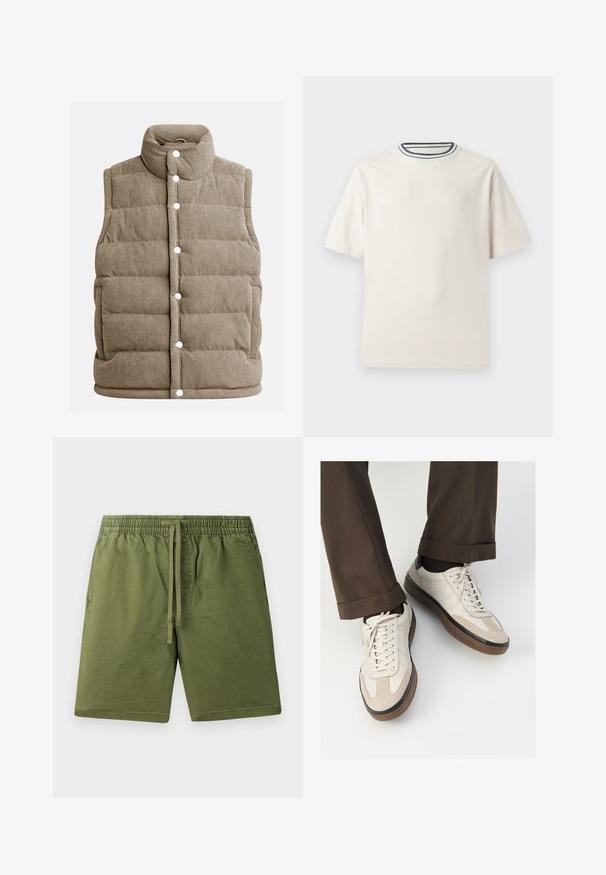 Beidzjā corduroy veste, ar quiltotu dizainu, augstu apkakli, ar spailēm, ar sānu kabatām un vertikālu ribotu tekstūru.; Krēmlādas kokvilnas T-krekls ar īsām piedurknēm, ar kārtīgu apkakli, ko akcentē tumši zila un balta svītra. Gluda tekstūra, brīva piegriezuma.; Khaki zaļi šorti, kas izgatavoti no mīksta kokvilnas, ar elastīgu jostu un piesiešanas auklu, kā arī sānu kabatām. Gluda tekstūra, ikdienišķs dizains.; Beidzī lasi ar strukturētu zamšādu priekšpusi, gludiem ādas sāniem un brūnu gumijas zoli. Iekļauti auklas un viegla šuvuma detaļas.