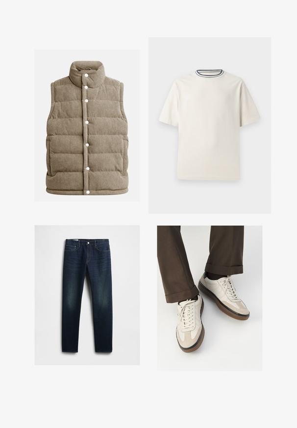 Colete de corduroy bege, com design acolchoado, gola alta, botões de pressão, com bolsos laterais e textura ribitada vertical.; T-shirt de algodão em cor creme com mangas curtas, apresentando um decote redondo realçado por listras em azul-marinho e branco. Textura suave, corte descontraído.; Jeans de ganga azul escuro com corte reto, apresentando cinco bolsos, fecho de botão e desbotamento sutil nas coxas. Detalhe de costura clássico.; Tênis bege com frente em camurça texturizada, lados em couro liso e sola em borracha marrom. Inclui cadarços e detalhes de costura clara.