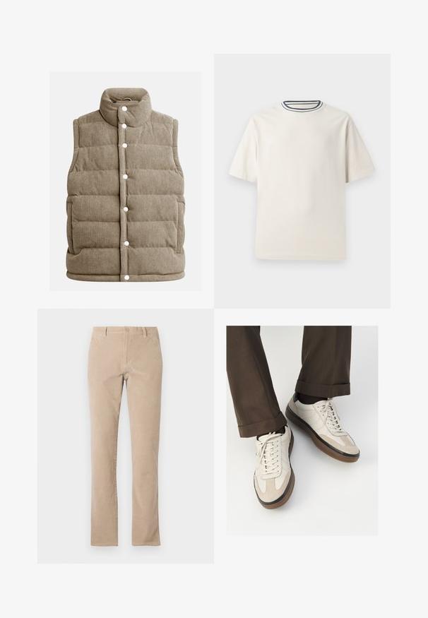 Bež žametni brezrokavnik, z voluminoznim dizajnom, visokim ovratnikom, gumbi na klik, z stranskimi žepi in navpično rebrasto teksturo.; Kremasta bombažna majica s kratkimi rokavi, z okroglim izrezom, okrašenim z mornarsko modrimi in belimi črtami. Gladka tekstura, sproščen kroj.; Bež hlače iz bombažnega kordura s ravno nogavico, ki imajo gumb za zapiranje, pet žepov in gladko teksturo.; Bež teniske z teksturiranim prednjim delom iz usnja, gladkimi kožnimi stranicami in rjavo gumijasto podplatom. Vključene vezalke in svetla šivana detajla.