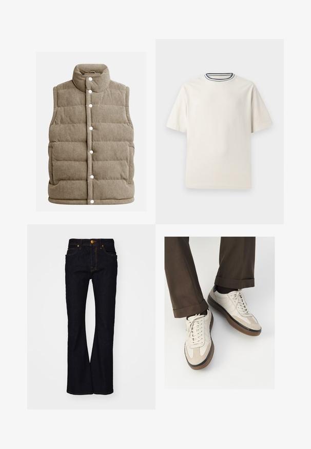 Colete de corduroy bege, com design acolchoado, gola alta, botões de pressão, com bolsos laterais e textura ribitada vertical.; T-shirt de algodão em cor creme com mangas curtas, apresentando um decote redondo realçado por listras em azul-marinho e branco. Textura suave, corte descontraído.; Jeans de ganga azul escuro com formato de perna larga, costura laranja em contraste, fecho de botão e bolsos frontais. Design simples sem padrões.; Tênis bege com frente em camurça texturizada, lados em couro liso e sola em borracha marrom. Inclui cadarços e detalhes de costura clara.