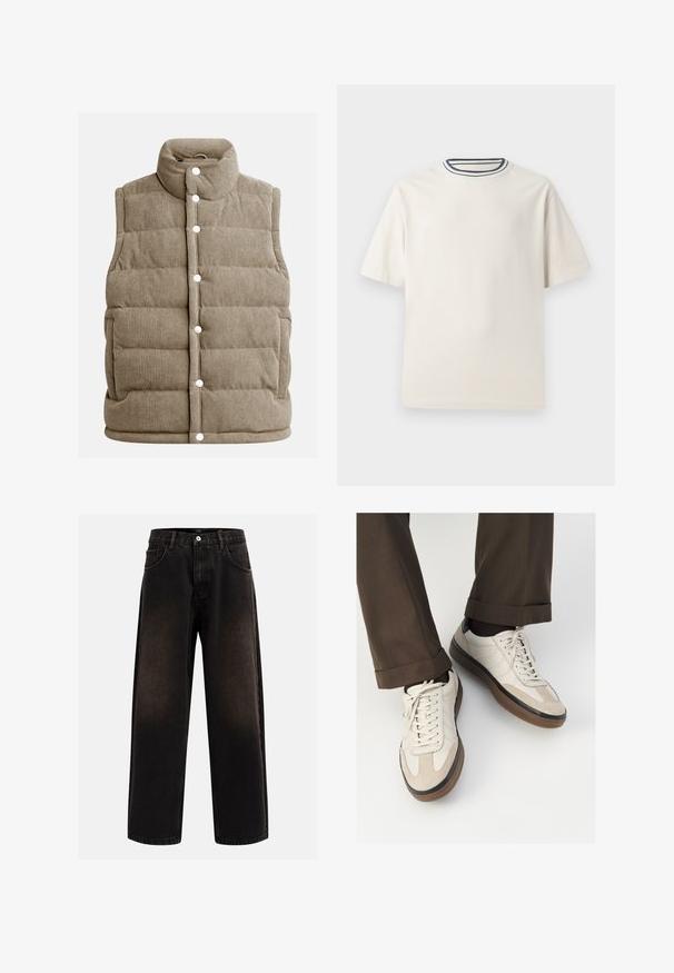 Μπεζ κοντούρι γιλέκο, με ραφή τύπου ραβδωτού σχεδίου, ψηλό γιακά, κουμπιά με κλιπ, με πλαϊνές τσέπες και κάθετη ραβδωτή υφή.; Κρέμα βαμβακερό μπλουζάκι με κοντά μανίκια, που διαθέτει στρογγυλή λαιμόκοψη με ναυτικές και λευκές ρίγες. Λείος υφασμάτινος χαρακτήρας, άνετη εφαρμογή.; Μαύρα τζιν με χαλαρή εφαρμογή, διαθέτουν θηλιές ζώνης, πέντε τσέπες και κλείσιμο με κουμπί. Υφασμάτινη επιφάνεια με ελαφριά φθορά.; Μπεζ αθλητικά παπούτσια με υφή από σουέτ μπροστά, λεία δερμάτινα πλαϊνά και καουτσούκ καφέ σόλα. Περιλαμβάνονται κορδόνια και λεπτομέρειες ραφής σε ανοιχτό χρώμα.