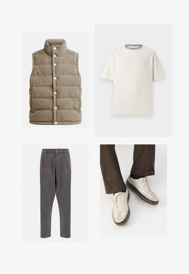 Vesta din corduroy bej, cu design matlasat, guler înalt, nasturi prin apăsare, cu buzunare laterale și textură cu nervuri verticale.; Tricou din bumbac de culoare crem, cu mâneci scurte, având un decolteu rotund accentuat cu dungi bleumarin și albe. Textură netedă, croi confortabil.; Pantaloni gri pliați dintr-un material neted, cu închidere cu nasture și picioare conice pentru o ajustare elegantă. Fără modele sau accente suplimentare.; Adidași bej cu un vârf din suede texturat, laterale din piele netedă și o talpă din cauciuc maro. Șireturile și detalii de cusătură subtilă incluse.