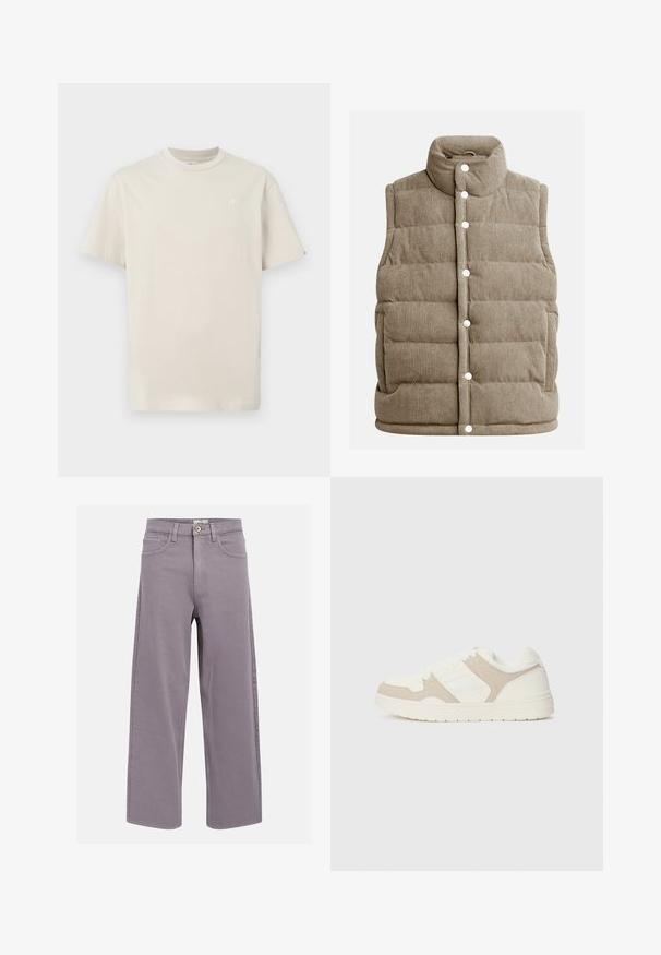 Beige kordfløyelsvest, kviltet design, høy krage, trykknapper, med sidelommer og vertikal ribbet tekstur.; Lys beige bomull t-skjorte med rund hals, korte ermer og en liten brodert logo på brystet. Enkel, normal passform design.; Rett ben design i lavendelgrå jeans med front- og baklommer, beltesløyfer og knappelukking i livet.; Hvit og beige sneaker med en kombinasjon av glatt og semsket tekstur, rund tå, snøring og en flat gummisåle.