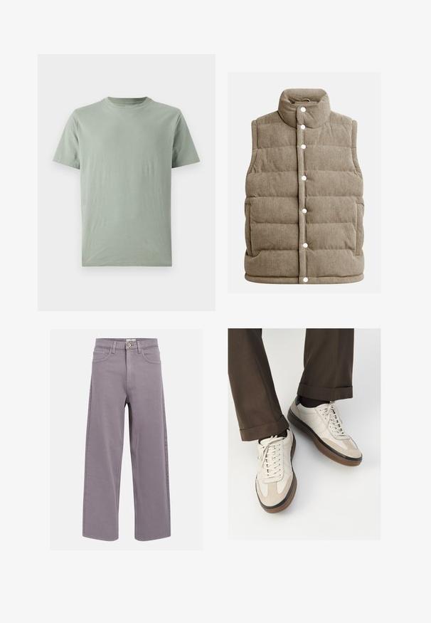 Colete de corduroy bege, com design acolchoado, gola alta, botões de pressão, com bolsos laterais e textura ribitada vertical.; GAP EVERYDAY SOFT CREW SOLID - T-shirt básica - gasoline green; Jeans cinza-lavanda de perna reta com bolsos frontais e traseiros, passantes para cinto e fecho com botão na cintura.; Tênis bege com frente em camurça texturizada, lados em couro liso e sola em borracha marrom. Inclui cadarços e detalhes de costura clara.