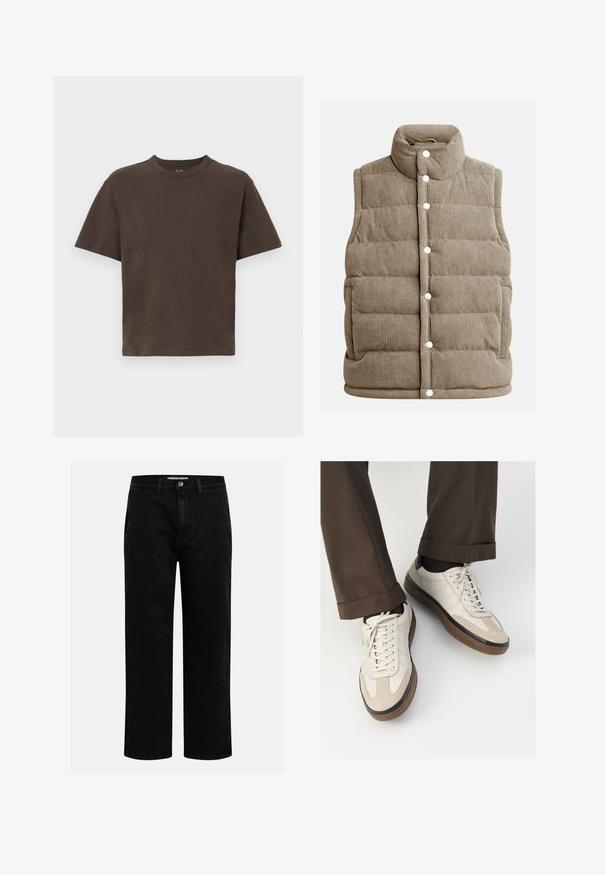 Gilet in corduroy beige, design trapuntato, collo alto, bottoni a pressione, con tasche laterali e texture a coste verticali.; T-shirt in cotone marrone con maniche corte e scollatura rotonda. Texture liscia, design minimalista, senza fantasie o dettagli aggiuntivi.; Pantaloni in denim nero con taglio dritto, design classico a cinque tasche e chiusura con bottone in vita. Tessuto liscio e materiale resistente.; Sneakers beige con una parte anteriore in suede testurizzato, lati in pelle liscia e una suola in gomma marrone. Inclusi lacci e dettagli di cucitura leggera.