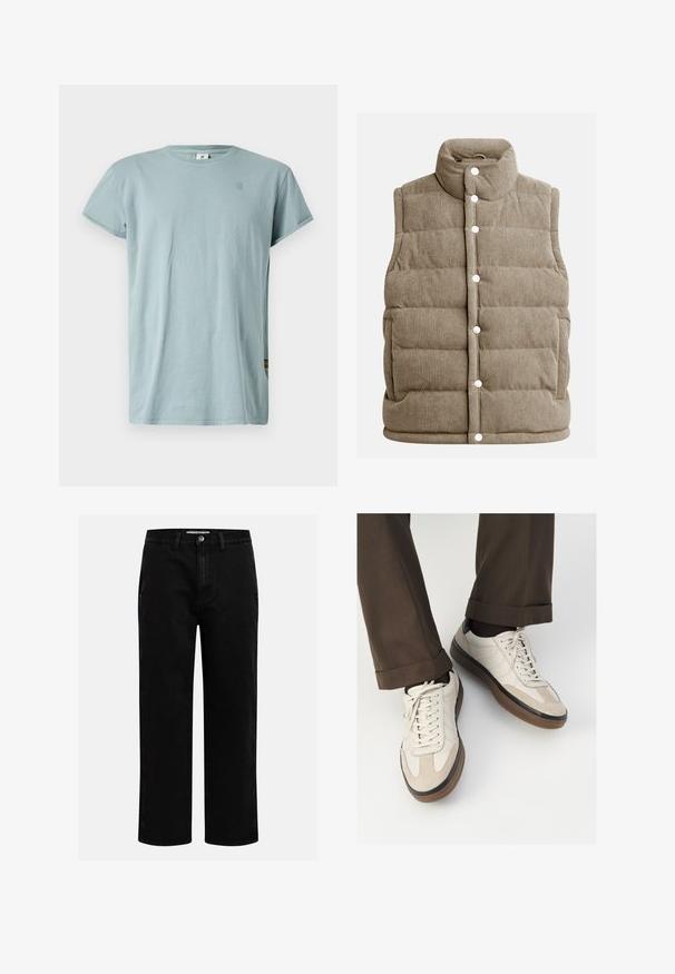 Bež žametni brezrokavnik, z voluminoznim dizajnom, visokim ovratnikom, gumbi na klik, z stranskimi žepi in navpično rebrasto teksturo.; Svijetloplavi kratki rukav T-shirt od pamuka. Ima okrugli izrez i mali logo na prsima. Glatka tekstura, ležeran kroj.; Črne denim hlače s ravnim krojem, klasičnim pet-takošnjim dizajnom in gumbom za zapiranje v pasu. Gladka tekstura in trpežna tkanina.; Bež teniske z teksturiranim prednjim delom iz usnja, gladkimi kožnimi stranicami in rjavo gumijasto podplatom. Vključene vezalke in svetla šivana detajla.