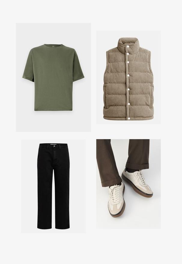 Beige Kordwesten, gestepptes Design, hoher Kragen, Druckknöpfe, mit Seitentaschen und vertikaler Rippstruktur.; Olivgrünes Kurzarm-T-Shirt aus Baumwolle mit Rundhalsausschnitt und lässiger Passform. Glatte Textur ohne zusätzliche Muster oder Akzente.; Schwarze Jeanshose mit geradem Schnitt, klassischem Fünf-Taschen-Design und einem Knopfverschluss an der Taille. Glatte Textur und strapazierfähiger Stoff.; Beige Sneakers mit einer strukturierten Wildlederfront, glatten Lederseiten und einer braunen Gummisohle. Bändel und helle Nähdetails sind enthalten.