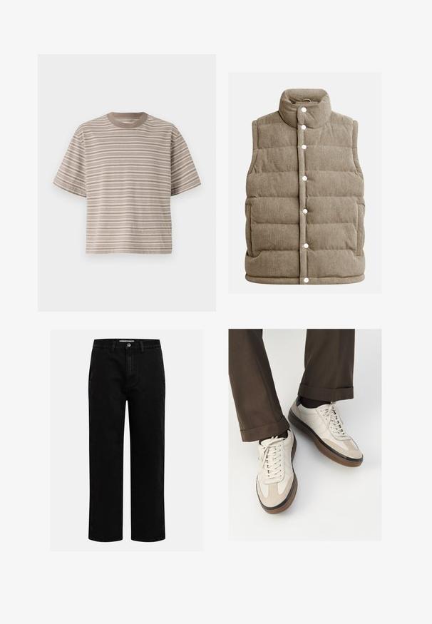 Beige ribfluwelen vest, gewatteerd ontwerp, hoge kraag, drukknoopsluiting, met zijzakken en verticale ribbeltextuur.; Gestreepte korte mouwen T-shirt in beige tinten, ronde halslijn, zachte stof, relaxte pasvorm, met afwisselend lichte en donkere horizontale strepen.; Zwarte denim broeken met een rechte pijp, klassieke vijf-pocket structuur en een knoopsluiting in de taille. Glad materiaal en duurzame stof.; Beige sneakers met een leren voorkant van textuur-suède, gladde leren zijkanten en een bruine rubberen zool. Veters en lichte stikseldetails inbegrepen.