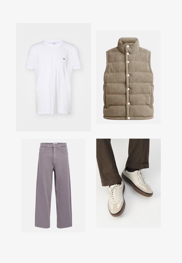 Bež žakardasti prsluk, dijamantni uzorak, visoki ovratnik, dugmad na kopčanje, sa bočnim džepovima i vertikalnom rebrastom teksturom.; Bijela pamučna majica s kratkim rukavima, koja sadrži mali, izvezeni crni "Lee" logo na lijevoj strani prsnog dijela. Jednostavan, klasičan dizajn.; Straight-leg traperice u lavandi-sivoj boji s prednjim i stražnjim džepovima, petljama za remen i dugmetom za zatvaranje u struku.; Bež tenisice s teksturiranom nubuk prednjom stranom, glatkim kožnim bočnim stranama i smešnim gumenim potplatom. Uključene su vezice i lagani detalji šivanja.