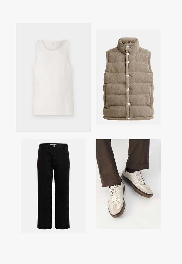 Beige corduroy-viitta, tikattu muotoilu, korkea kaulus, nappisuljenta, sivutaskut ja pystyribaattekstuuri.; Valkoinen ilman hihoja oleva toppi, joka on valmistettu ribbineuleesta, ja siinä on pyöreä kaula-aukko ja siistit reunat. Takana keskellä on "GAP"-merkki.; Musta denimpanssarit suoran lahkeen leikkauksella, klassinen viiden taskun suunnittelu ja nappisuljenta vyötäröllä. Sileä tekstuuri ja kestävä kangas.; Beige tennarit, joissa on teksturoidut mokkasiinimaiset etuosat, sileät nahkasaumat ja ruskea kumipohja. Narut ja vaaleat ompelutiedot mukana.