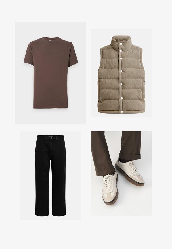 Beige kordfløyelsvest, kviltet design, høy krage, trykknapper, med sidelommer og vertikal ribbet tekstur.; Brun bomull t-skjorte med rund hals, kortermet og en jevn tekstur. Ingen synlige mønstre eller aksenter. Standard passform.; Svarte denimbukser med rett benkutt, klassisk fem-lomme design og knappelukking i livet. Glatt tekstur og slitesterkt stoff.; Beige sneakers med teksturert semsket front, glatte skinnsider og en brun gummisåle. Snører og lys syddetalj inkludert.