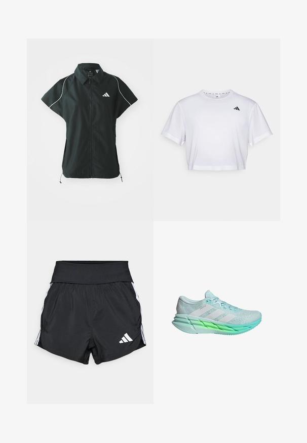 adidas Sportswear STADIUM COVER - Vesta - black/off-white; Biely skrátený tričko vyrobené z mäkkého materiálu, s krátkymi rukávmi a okrúhlym výstrihom. Čierne logo na ľavej hrudi.; Čierne atletické šortky vyrobené z ľahkého materiálu, s широкým pásom, bielymi bočnými pruhmi a malým bielym logom na dolnom leme.; Svetlomodrá bežecká obuv s textúrovaným pletivovým zvrškom, tromi bielymi pruhmi a zeleným podošvom. Obsahuje polstrovaný golier a ploché šnúrky.