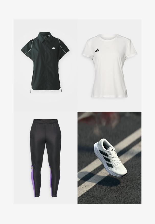 adidas Sportswear STADIUM COVER - Chaleco - black/off-white; Camiseta deportiva blanca hecha de tejido que absorbe la humedad. Mangas cortas, cuello redondo, presenta un logo negro y un emblema de tres rayas en el lado izquierdo del pecho.; Pantalones deportivos negros con acentos morados y verdes, diseño ajustado, cinturilla elástica y bolsillos laterales. Tela suave y elástica.; Zapatilla de running blanca con parte superior texturizada, diseño de tres rayas en negro, cuello acolchado y suela ligera, posicionada en el aire sobre una superficie de carretera.