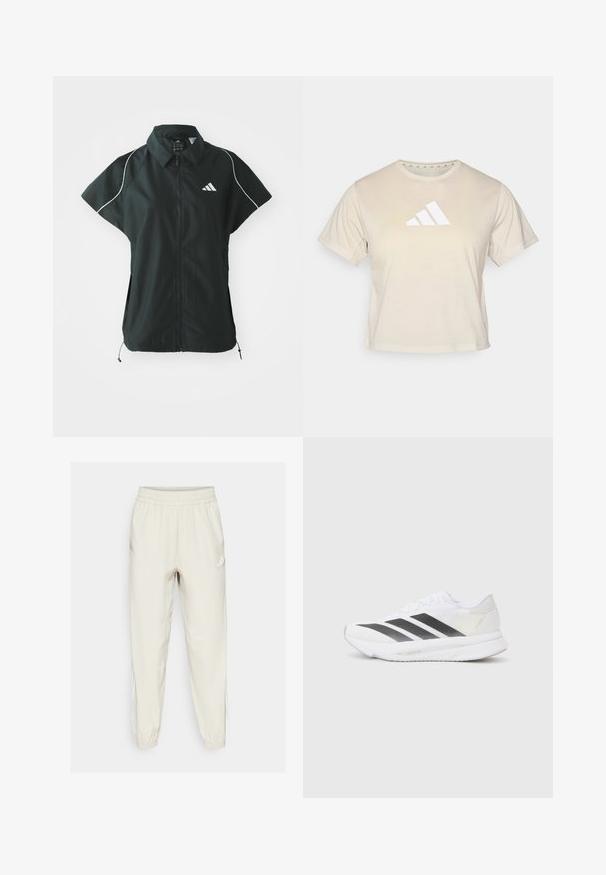 adidas Sportswear STADIUM COVER - Γιλέκο - black/off-white; Μπεζ κοντομάνικο μπλουζάκι φτιαγμένο από μαλακό ύφασμα, με έντονο λευκό λογότυπο τριών λωρίδων της Adidas στο στήθος. Κλασικός λαιμός σε σχήμα crew.; Ανοιχτό μπεζ αθλητικά παντελόνια με ελαστική μέση και μανσέτες στον αστράγαλο. Διαθέτουν λευκές πλαϊνές ρίγες και ένα μικρό λογότυπο μπροστά.; Λευκό αθλητικό παπούτσι με μαύρες διαγωνιές ρίγες, άνω τμήμα από πλέγμα, στρογγυλή μύτη και υφή στο πέλμα. Σημεία έμφασης περιλαμβάνουν μια ασημένια φτέρνα και μινιμαλιστικό σχέδιο.