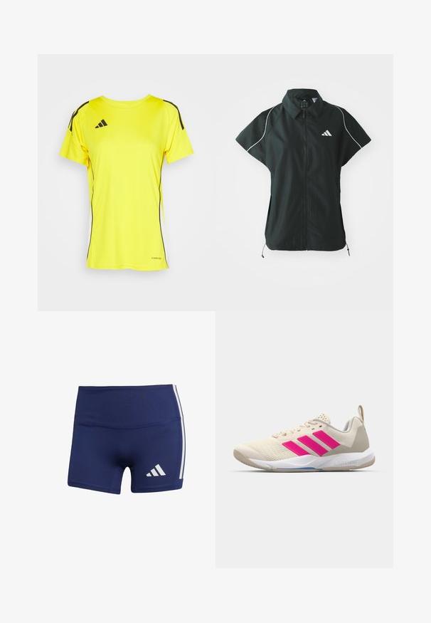 adidas Sportswear STADIUM COVER - Chaleco - black/off-white; Camiseta atlética amarilla hecha de tejido transpirable, con cuello redondo, mangas cortas, rayas laterales negras y detalle "AEROREADY".; Pantalones cortos deportivos de color azul marino con un ajuste ceñido, hechos de una tela suave, con rayas blancas en los costados y un logotipo en la parte inferior izquierda.; Zapatilla deportiva beige con logo de tres rayas rosa, parte superior de malla texturizada, cuello acolchado y suela de goma blanca, con la marca "LIGHTSTRIKE".