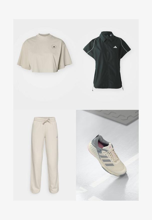 adidas Sportswear STADIUM COVER - Strukirani kaput - black/off-white; Skraćena, majica kratkih rukava od svijetlosmeđeg pamuka. Ima visok izrez i crni okrugli logotip na lijevoj strani prsa.; Bež trenirke s elastičnim pojasom i vezicom, s opuštenim krojem i malim plavim logotipom s lijeve strane. Mekana tekstura tkanine.; Bež sportska cipela s sivim naglascima, mrežastim gornjim dijelom i teksturiranim potplatom. Ima tri siva pruga i ružičaste detalje unutar.