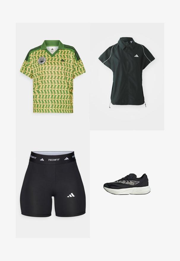 adidas Sportswear STADIUM COVER - Chaleco - black/off-white; Polo de manga corta verde y amarilla con un patrón de plátanos, escote en V y hombros con rayas negras. Presenta un logo circular en el lado izquierdo del pecho.; Pantalones cortos negros hechos de una tela elástica con un diseño ajustado. Cuentan con una cintura ancha negra etiquetada como "TECHFIT" y un logo blanco en la pierna.; Zapatilla negra y gris con parte superior de punto texturizado, media suela blanca con la marca "LIGHTSTRIKE" y diseño de punta redondeada.