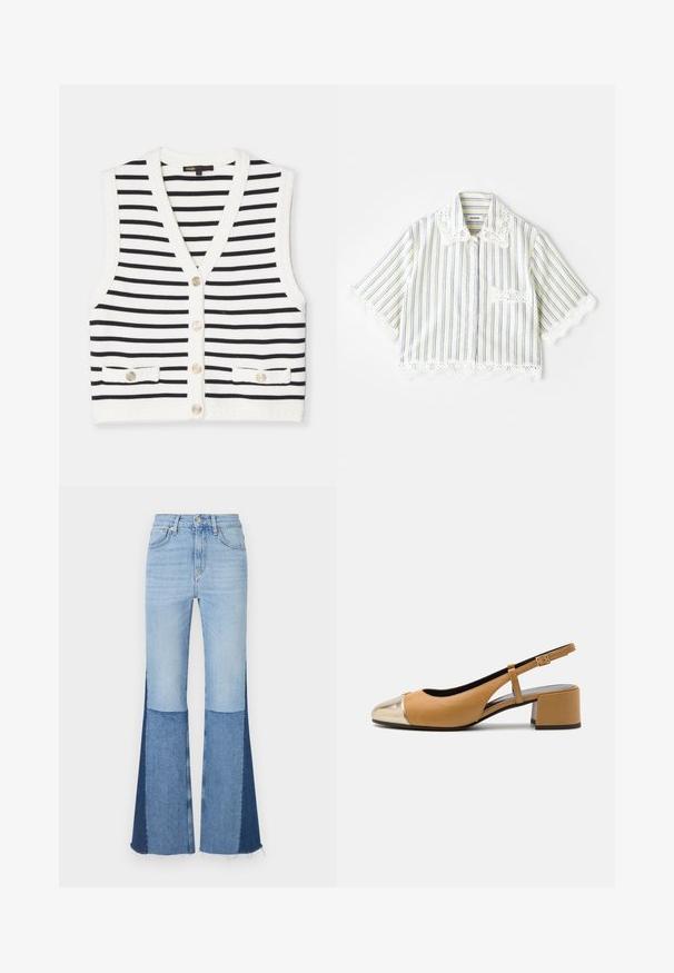 Valkoinen ja musta raidallinen hihaton liivi, jossa on V-kaula-aukko, viisi nappia ja kaksi etutaskua koristeellisilla napeilla. Eloisa reunus.; sandro CHEMISE - Paitapusero - ecru; Farkkujen leveälahkeiset housut, joissa on vaalean- ja tummansinisiä palapaloja, korkea vyötärö ja risat helmat lisätekstuurin ja yksityiskohtien vuoksi.; Vaaleanruskea nahkainen slingback-pumppu, jossa on metallinhohtoinen kultainen kärki, bloki-korko ja kapea säädettävä hihna. Silkkinen pinta, jossa on minimaalinen yksityiskohtaisuus.