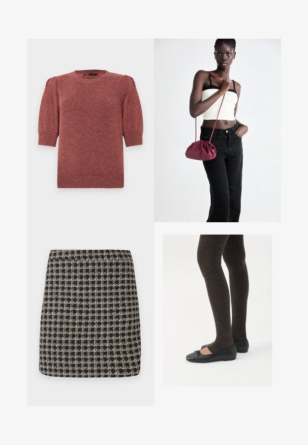 Pruun sünteetilisest karust valmistatud ilma varrukateta vest laia kraega ja musta voodriga, sildiga Vero Moda, laotatud tasasele valgele taustale.; Lühikeste sirgete varrukatega kudumis-sviiter punakaspruunis toonis. Omab ümmargust kaelust ja õhukesi fliisiga õlavarreosa, millel on soonikdetailid alumisel äärel ja varrukaotstes.; Must mustriga naiste pluus, millel on terav krae, peidetud eesnupud, väljakujunenud vöökoht ja laienev äär ning varrukad.; Mustar ja beež ruuduline mini seelik, millel on tekstureeritud kangas ja sile vöökoht, omades struktureeritud lõiget ja lihtsat disaini.; Mustad mustad kingad väikese teksaga varvaste juures, koos tumedate pruunide ribakangastega. Kingadel on sile tekstuur ja madal profiil.; Burgundia pehmeast kangast käekott, millel on kokkuvõetud disain ja pikk rihm, kantud üle keha. Mudel kannab valget crop-topi ja musti teksaseid.