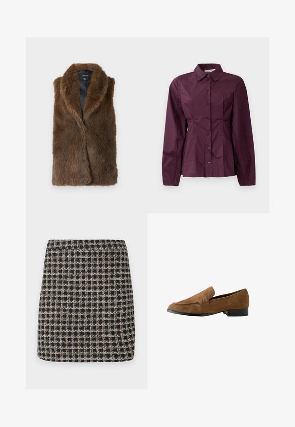 Rudas dirbtinio kailio be rankovių liemenė su plačiu apykakle ir juodu vidiniu pamušalu, pažymėta Vero Moda, išdėstyta plokščiai ant baltos fono.; Burgundi spalvos marškiniai su ilgomis rankovėmis, klasikinė apykaklė ir susiūti detalės liemens srityje. Lygus audinys su subtiliu blizgesiu.; Juodas ir kreminis languotas mini sijonas su tekstūruotu audiniu ir lygiu juosmeniu, pasižymintis struktūrizuotu siluetu ir paprastu dizainu.; Rudi suede loafers, šiek tiek pakelta batai, su lygiu paviršiumi, siuvinėjimo detalėmis priekyje ir suapvalinta piršto dizainu.