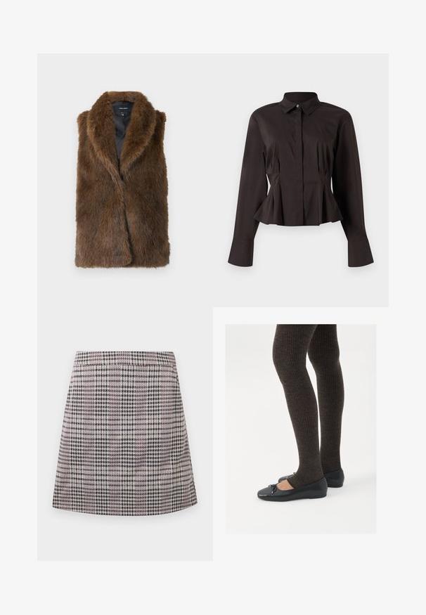 Brown faux fur sleeveless vest with wide collar and black inner lining, labeled Vero Moda, displayed flat on white background.; Black long-sleeve women's blouse with a pointed collar, hidden front buttons, fitted waist, and flared hem and cuffs.; Plaid mini skirt in shades of purple, black, and white, featuring an elastic waistband and a straight-cut design with a smooth texture.; Black flat shoes with a small bow detail at the toe, paired with dark brown ribbed tights. Shoes have a smooth texture and low profile.