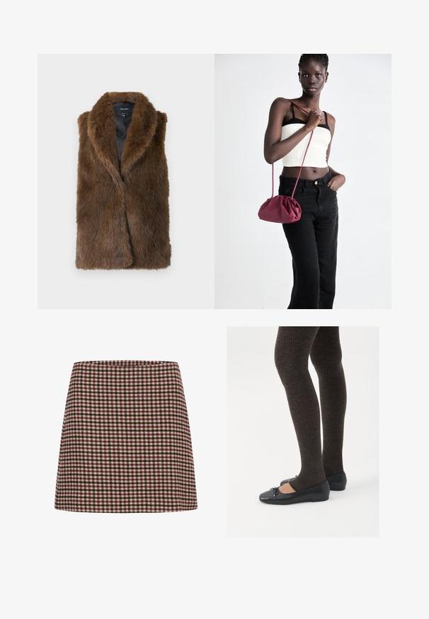 Brun faux fur ærmeløs vest med bred krave og sort inderside, mærket Vero Moda, vist fladt på hvid baggrund.; Sort langærmet bluse til kvinder med spids krave, skjulte frontknapper, tætsiddende talje og klokkeformet nederst samt ved ærmerne.; En rød og kremfarvet ternet mini-nederdel med en lige silhuet og tekstureret stof. Ingen synlige lukninger eller pynt.; Sorte flade sko med en lille sløjfedetalje ved tåen, parret med mørkebrune ribbede strømpebukser. Skoene har en glat overflade og lav profil.; Bordeaux blødt stof håndtaske med en sammenpresset design og en lang rem, båret som crossbody. Modellen bærer en hvid cropped top og sorte jeans.
