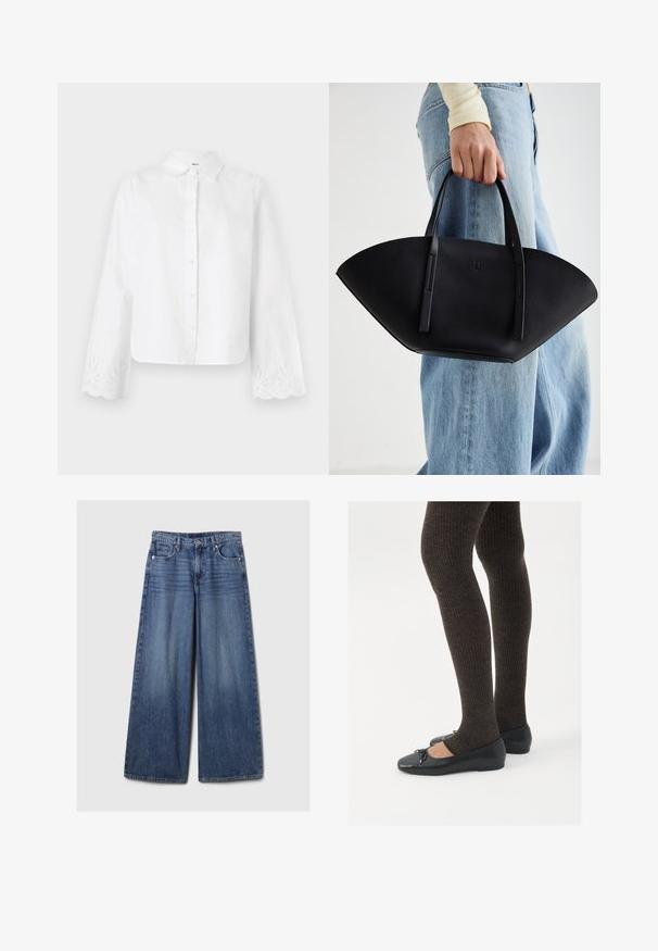 Pruun sünteetilisest karust valmistatud ilma varrukateta vest laia kraega ja musta voodriga, sildiga Vero Moda, laotatud tasasele valgele taustale.; Valge nööpidega särk, millel on terav krae, pikad varrukad, millel on lainelised servad ja brodeeritud lillemustrid mansettides.; Laiad sinised denimpüksid, millel on pleekinud viimistlus, nupp ja lukuga sulgemine, viis taskut ning vööaasad.; Mustad mustad kingad väikese teksaga varvaste juures, koos tumedate pruunide ribakangastega. Kingadel on sile tekstuur ja madal profiil.; Must mustra kott, millel on unikaalne fännikujuline disain, millel on lapikud käepidemed. Pinna tekstuur on kivikujuline ja disain on minimalistlik.