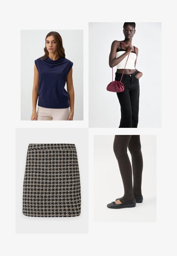 Gilet senza maniche in finta pelliccia marrone con ampio colletto e fodera nera, etichettato Vero Moda, esposto piatto su sfondo bianco.; Top senza maniche di colore navy con collo drappeggiato, realizzato in tessuto liscio, caratterizzato da una vestibilità comoda e un orlo pulito.; Gonna mini a quadri neri e beige con una trama texturizzata e un elastico in vita liscio, caratterizzata da una vestibilità strutturata e un design semplice.; Scarpe nere a flat con un piccolo fiocco sulla punta, abbinate a collant a coste marrone scuro. Le scarpe hanno una texture liscia e un profilo basso.; Borsa a tracolla in morbido tessuto bordeaux con design arricciato e una lunga tracolla, indossata a tracolla. Il modello indossa un top corto bianco e jeans neri.