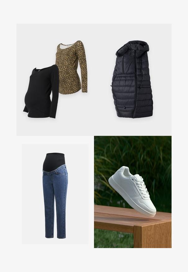 Melnā pūkainā jaka ar kapuci, kurai ir quilted dizains, divi rāvējslēdzēja priekšējie kabatas un regulējami cord toggles apakšmalā.; Divas garām piedurknēm, grūtniecēm paredzēti topi: viens vienkrāsains melns, otrs ar brūnu leoparda rakstu, abiem ar apaļu kakla izgriezumu un mīkstu audumu.; Māmiņu džinsi ar zilu denima kājām un melnu elastīgu vēdera paneli, kas izstrādāts, lai atbalstītu un nosegtu augošu vēderu.; Baltie sporta apavi ar gludu sintētisku augšpusi, perforētu pirkstu daļu, plakani šņorēm un rakstainu zoli, novietoti uz koka virsmas.