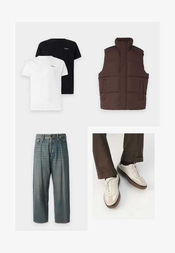 Hnědá péřová vesta s vysokým límcem, bezrukávovým designem, dvěma předními kapsami a prošívanou strukturou. Hladký povrch, teplá izolace.; Dvě trička s krátkým rukávem v černé a bílé bavlně, s malým vyšitým logem "Pepe Jeans" na hrudi. Klasický design s kulatým výstřihem.; Světle modré denimové džíny s volným střihem, středně vysokým pasem a rovnými nohavicemi. Obsahují pět kapes, poutka na opasek a zapínání na knoflík.; Béžové tenisky s texturovanou semišovou špičkou, hladkými koženými boky a hnědou gumovou podrážkou. Na šněrování a lehkém prošití je detail.