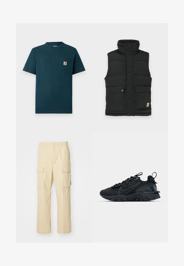 Črna puhovka brez rokavov z visokim ovratnikom, zapiranjem na gumb, dvema sprednjima žepoma in logotipom na spodnjem delu. Gladka, kviltana tekstura.; Breskve barve kapuca s sprednjim žepom, kapuco s vrvico in rebrastimi manšeti. Mehka tekstura, sproščen oblikovni slog, vsebuje diskreten logotip.; Temno zelen majica s kratkimi rokavi in krožnim izrezom, ki ima spredaj žep na prsih z majhnim logotipom Carhartt.; Beige cargo hlače iz tkanine z elastičnim pasom in gumbom za zapiranje. Imajo dve stranski žep in preprost dizajn.; Črne športne čevlje z zračno mrežno zgornjim delom, strukturiranimi dodatki in valovitim gumijastim podplatom. Imajo odsevni logo in sistem vezalk.