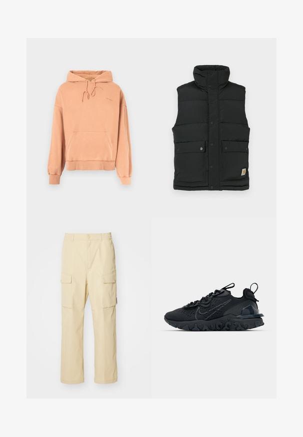 Svart puffervest med høy krage, trykknapplukking, to frontlommer og logo-patch på den nedre siden. Glatt, quiltet tekstur.; Ferskenfarget hettegenser med frontlomme, snor i hetta og ribbede mansjetter. Myk tekstur, avslappet design med subtile logo detaljer.; Beige cargo bukser laget av stoff med elastisk linning og knappelukking. Har to sidelommer og et enkelt design.; Svart treningssko med et pustende nettobert overdel, teksturerte detaljer og en bølget gummisåle. Har reflekterende logo og snøresystem.