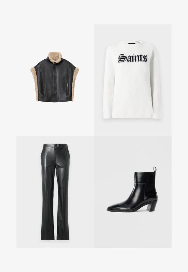 Black leather vest with beige shearling collar and trimming, featuring a front zipper and open sides for a structured design.; White sweater in plush fabric featuring a black "Saints" graphic on the front. Round neck, long sleeves, and ribbed hem detailing.; Black leather pants with a straight fit, high waistband, zip closure, and visible stitching details along the seams. Smooth texture.; Black leather ankle boot with a pointed toe, a geometric stacked heel, and a pull tab at the back. Smooth texture and sleek design.