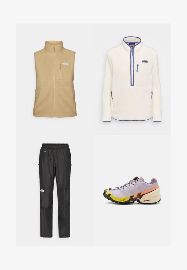 Bežan flis brezrokavnik z visokim ovratnikom, zadrgo spredaj in enim žepom na prsih. Ima dvojna stranska žepa in gladko teksturo.; Pulover iz flisa v beli barvi, z dvema četrtinskim zadrgama spredaj, modrimi zadrgami, žepom na prsih in stranskimi žepi. Gladka tekstura, visok ovratnik.; Črne nepremočljive hlače iz lahkega materiala, z elastičnim pasom, stranskimi žepi in logotipom na levi nogi.; Salomon SPEEDCROSS 6 - Trail tekaški čevlji - orchid petal/black/sulphur spring