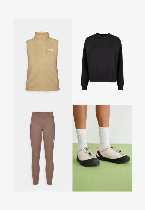 Béžová fleecová vesta s vysokým golierom, zipsom vpredu a jednou náprsní kapsou. Má dvojité bočné vrecká a hladkú textúru.; Čierna mikina s okrúhlym výstrihom, voľný strih a rebrovanými manžetami. Obsahuje jemné reliéfne logo vpredu. Mäkkučkým materiálom s matným povrchom.; Hnedé športové legíny s vysokým pásom, ktoré majú bočné vrecká a biele logo. Hladká, elastická tkanina pre pohodlie a pohyblivosť.; Béžové topánky s čiernymi akcentmi, sieťovanými bočnými panelmi a bezpečným šnurovacím systémom. Hrubé gumené podrážky s vzorovaným dezénom. Nosí sa s bielymi ponožkami.