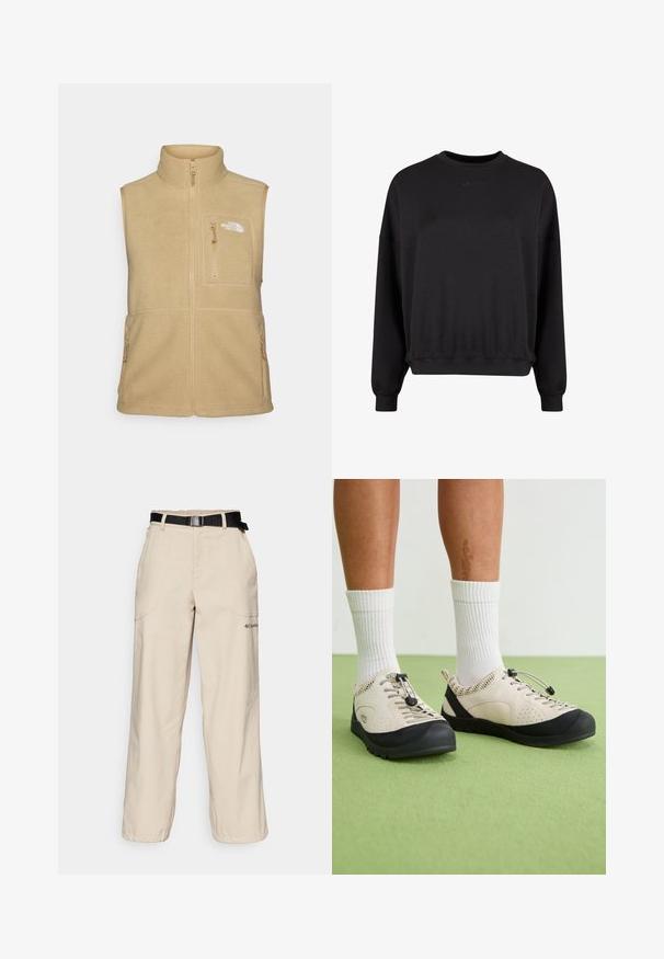 Beige fleece-vest med høy krage, glidelås foran og en brystlomme. Har doble sidelommer og glatt tekstur.; Mustavilla collegepaidalla, jossa on pyöreä pääntie, rento istuvuus ja ribbineulotut hihansuut. Edessä on hienovaraisesti kohokuvioitu logo. Pehmeä materiaali matta pinnalla.; Beige cargo-housut, joissa on leveä lahjemuotoilu, musta säädettävä vyö, etutaskut ja huomaamaton logo vasemmassa lahkeessa.; Beige kengät mustilla yksityiskohdilla, verkkomaiset sivupaneelit ja turvallinen nauhaveto. Paksut kumipohjat, joissa on kuvioitu pinta. Yhdistetty valkoisten sukkien kanssa.