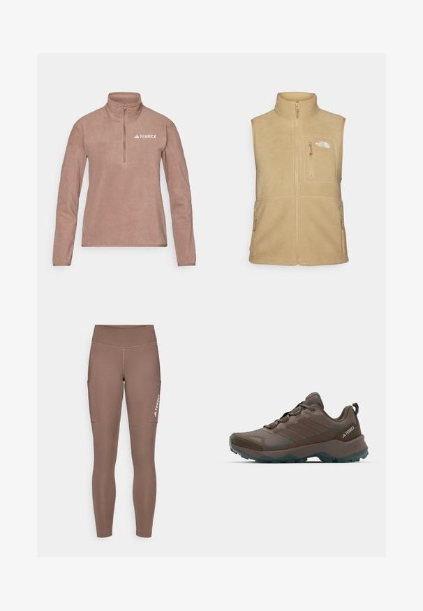 Beige fleece vest met hoge kraag, ritssluiting aan de voorkant en één borstzak. Voorzien van dubbele zijzakken en een gladde textuur.; Bruine fleece trui met een halve ritssluiting bij de kraag, lange mouwen en een klein wit "TERREX"-logo op de linkerborst. Zachte textuur, minimalistisch ontwerp.; Lichtbeige lange mouw top met een textuur, ribbel ontwerp. Heeft raglanmouwen en een ronde halslijn. Subtiele merklogo aan de zoom.; Bruine sportleggings met een hoge tailleband, voorzien van zijzakken en een wit logo. Gladde, rekbare stof voor comfort en bewegingsvrijheid.; Grijze en teal wandelschoenen met gaaspanelen, gestructureerde bovenkant en robuuste rubberen outsole. Voorzien van een gevoerde tong en vetersluiting.