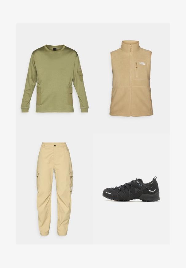 Beige fleece-vest med høy krage, glidelås foran og en brystlomme. Har doble sidelommer og glatt tekstur.; Vihreä oliivinvärinen pitkähihainen paita, joka on valmistettu teksturoidusta kankaasta. Siinä on sivutaskut ja ribbausarvot. Yksinkertainen pyöreä pääntie.; The North Face EXPLORATION CARGO PANTS - Ulkohousut - khaki stone; Mustat vaelluskengät, joissa on teksturoitu kangaspinta, nauhakiinnitys ja kestävä kumipohja. Korostettu heijastavilla yksityiskohdilla ja logoilla.