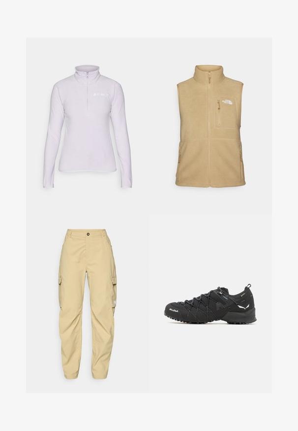 Kremkrāsas flīsa veste ar augstu apkakli, ar rāvējslēdzēju priekšā un vienu krūšu kabatu. Iespējas dubultās sānu kabatas un gluda tekstūra.; Gaiši violetas flīsa pulovers ar rāvējslēdzēja apkakli. Tam ir garas piedurknes un balts logo kreisajā krūtīs. Mīksta tekstūra.; The North Face EXPLORATION CARGO PANTS - Āra bikses - khaki stone; Melnas pārgājienu kurpes ar teksturētu auduma virsu, šņorēšanas sistēmu un izturīgu gumijas zoli. Akcentētas ar atstarojošām detaļām un logo.